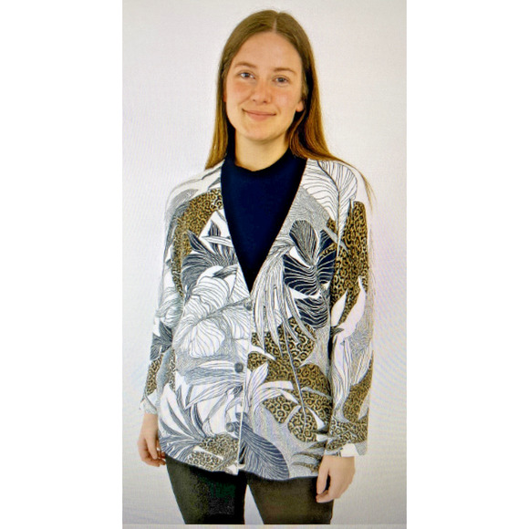 Chico's 2 large chicos Cardigan sweater Animal White Black Brown cheetah Open - Picture 1 of 10